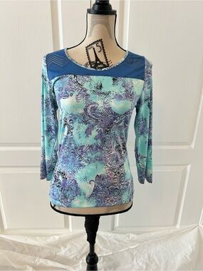 Cato Blue & Aqua Patterned Long Sleeve Scoop Neck Top